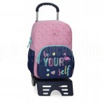 Sac à dos scolaire à roulette ROLL READ Be Yourself, 1 Compartiment1, 1 Poche avant Bleu Motif flamants roses et Cœur "Be Yourself" Glitter, 2 Poches latéral filet élastique, Bretelles réglable, en Polyester 30 x 40 x 13cm, Rose