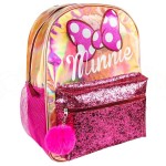 Sac à dos scolaire CERDA Brillant métallisé, 1 Compartiment Motif Minnie Mouse Disney, Poche avant à paillette Rose, 2 Poches latéral filet élastique, en Polyester 31 x 40 x 13cm, pour Fille, Gold