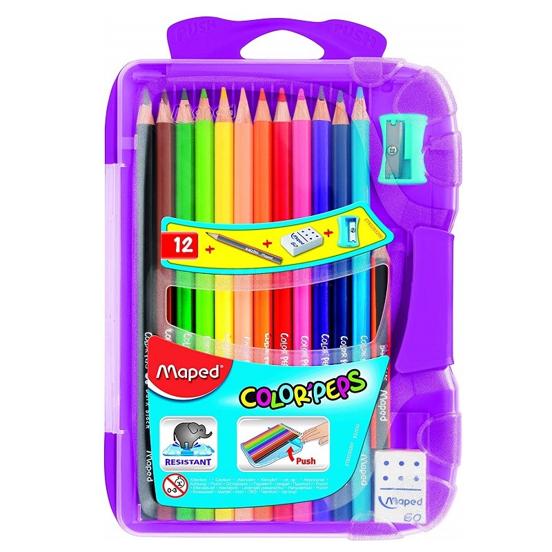 Boite de 12 crayons couleur MAPED Color'Peps + Crayon noir, taille crayon  et gomme ALL WHAT OFFICE NEEDS