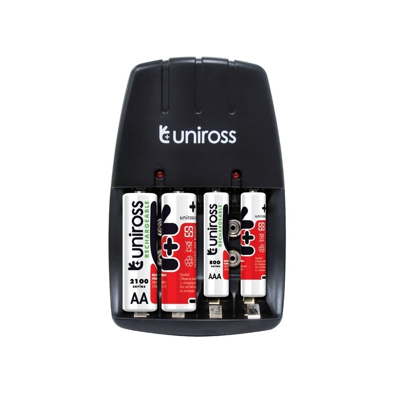 Chargeur De Piles Uniross Compact - Emplacement 4 Piles Aa/Aaa Et 2 Plies  9V + 4 Piles Rechargeables Aa 2100Mah Hybrio Ucw001a