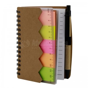 Notebook à spiral YAMPAP couverture Kraft découpe sourire, 09.0 x 13.7cm à Règle 13cm, avec 5 Post-it Multi couleurs et Stylo rétractable