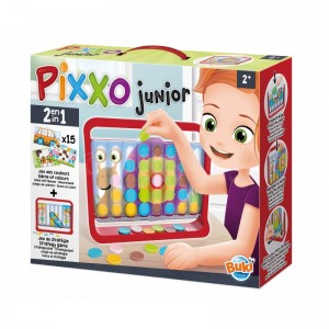 Jeu éducatif BUKI Pixxo Junior 2en1, jeu des couleurs 15 modèles à reproduire et  jeu de stratégie 3 pions en ligne de même couleur, 1 Grille de jeu et 50 pions de 6 couleurs différents, 2+ ans