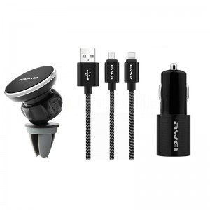 Pack AWEI X10 3en1 Support auto magnétique 360° à pince + Câble data 2en1 Lightning Micro USB 1.2m + Chargeur auto 2A pour Smartphone