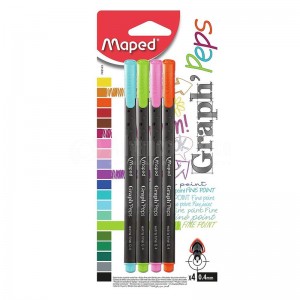 Boite de 4 Stylos feutres à pointe fine MAPED Graph'peps 0.4mm Triangulaire (Bleu clair, Vert clair, Rose, Orange)