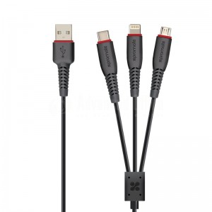 Câble Data PROMATE FLEXLINK-TRIO, 3 en 1 USB Type-C vers Micro USB, Lightning et USB-C, ExoFlex 1.2m, Noir