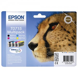 Pack de 4 Cartouches EPSON "Guépard" T0715 Couleurs et Noir C/Y/M/BK pour Stylus D78/ 92/ 120/ DX4000/ 4400/ 5000/ 6000/ 7000/ 7400/ 8400/ 9400