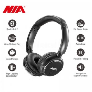 Casque sans fil NIA Q1 Bluetooth v4.2 app, Stéréo, Mains libres avec le micro intégré, contrôle d’appel et volume - Play/Pause - Next./Prev., Lecteur MicroSD, Radio FM, Entrée Audio AUX, Rechargeable via MicroUSB, Ajustable Pliable, Noir