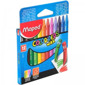 Boite de 12 couleurs à cire MAPED Color'Peps Wax, Forme triangulaire ergonomique, Couleur vive
